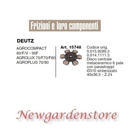 Disco de embrague 15748 DEUTZ Agrocompact 80 Agrolux Agroplus 41x36 tractor | NewgardenAgri.com