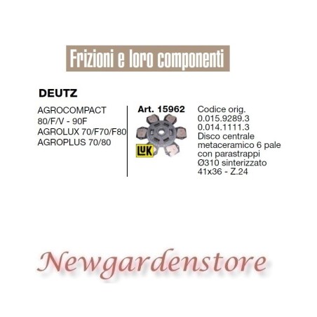Clutch disk 15962 DEUTZ Agrocompact 80 Agroplus 41x36 tractor | NewgardenAgri.com
