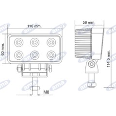 Phare de travail 110x60mm 6 LED 10-30V 18W 1080LM câblé 40-60cm machine agricole | NewgardenAgri.com