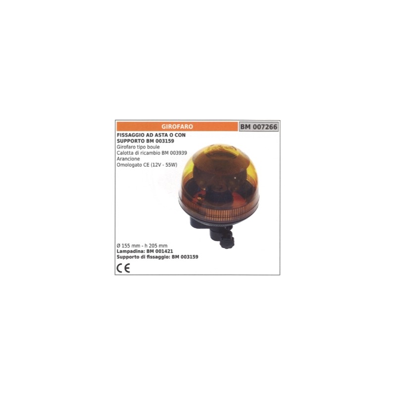 Orange rotating beacon boule type 12V - 55W Ø  155mm height 205 mm mounting with rod