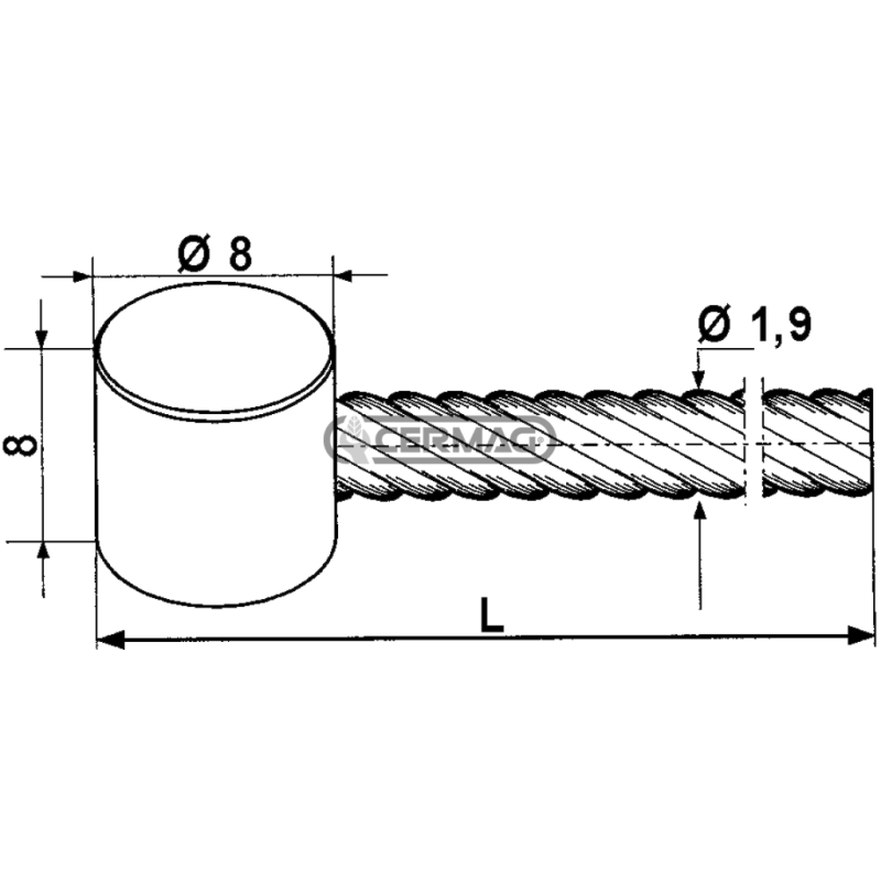 Câble avec fût Ø 8x8 Diamètre du câble 1,9 mm Longueur 2500 mm COMPATIBLE - 62998