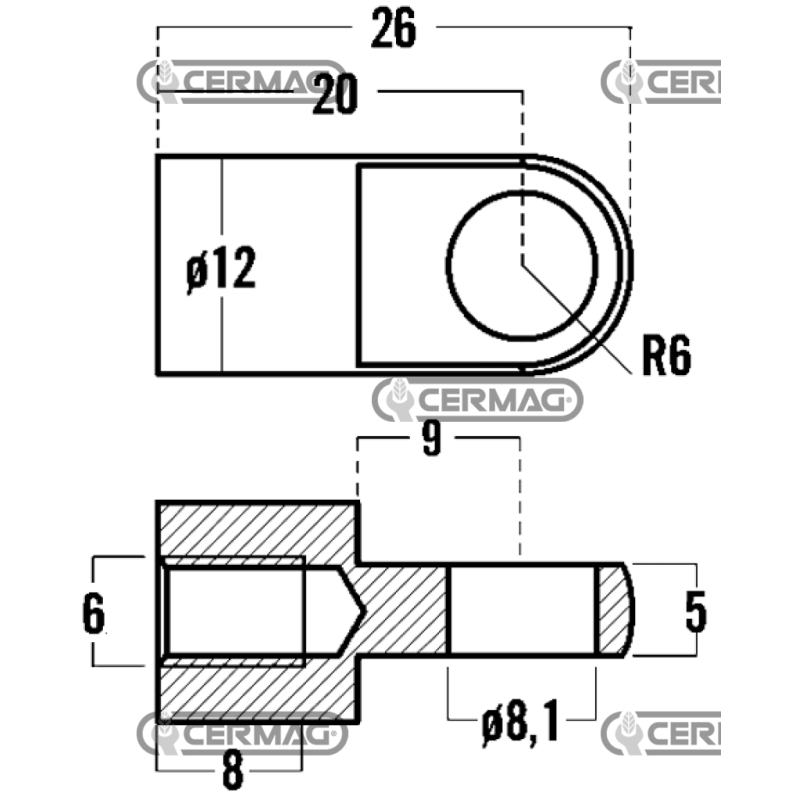 Threaded eyelet for gas springs Thread M6x8 mm Hole diameter 8.1 mm COMPATIBLE - 63641