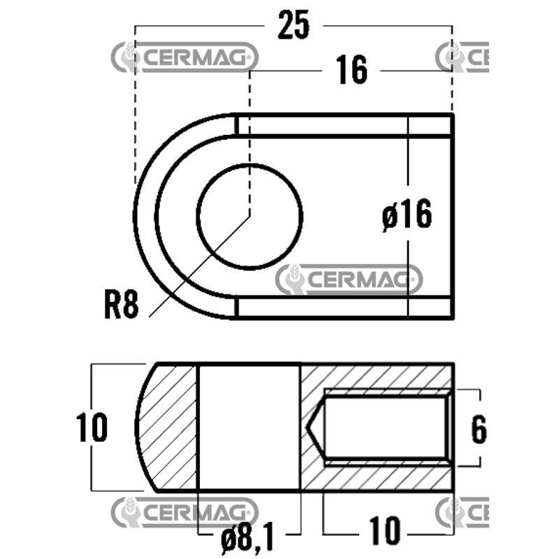 Oeillet fileté pour ressorts à gaz Filetage M6x10 mm Diamètre du trou 8,1 mm COMPATIBLE - 63635