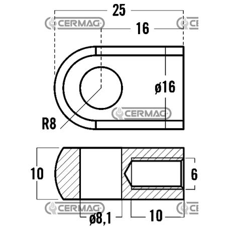 Oeillet fileté pour ressorts à gaz Filetage M6x10 mm Diamètre du trou 8,1 mm COMPATIBLE - 63635 | NewgardenAgri.com
