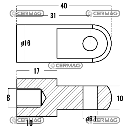 Ojal roscado para resortes de gas Rosca M8x10 mm Diámetro del agujero 6,1 mm COMPATIBLE - 63639 | NewgardenAgri.com