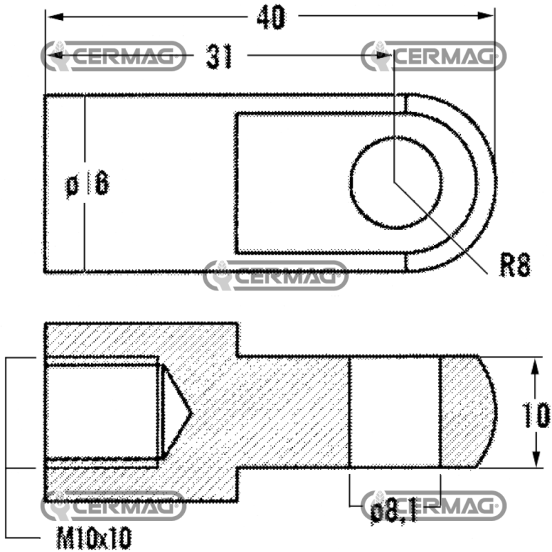 Oeillet fileté pour ressorts à gaz Filetage M10x10 mm Diamètre du trou 8,1 mm COMPATIBLE - 63637