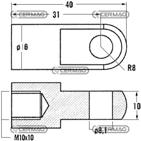 Oeillet fileté pour ressorts à gaz Filetage M10x10 mm Diamètre du trou 8,1 mm COMPATIBLE - 63637 | NewgardenAgri.com