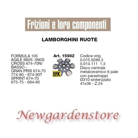 Disco frizione 15982 trattore LAMBORGHINI RUOTE Agile 880S 990 Cross Sprint Z24 | NewgardenAgri.com